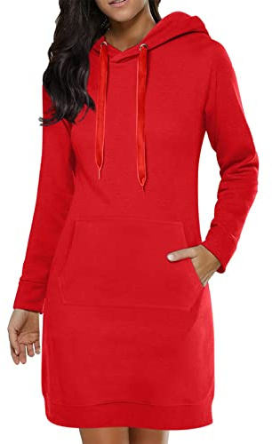 ORANDESIGNE Robe Sweat à Capuche Femme Robe Pull avec Poche Robes Casual Manche Longue Décontracté Chic Uni Mini Robe avec Poche Hoodie Grande Taille Hiver Pullover Long B Rouge L