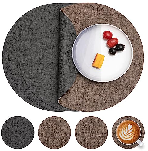 Myir JUN Tischsets Abwaschbar Leder und Untersetzer, Doppelseitigen Platzset Rund Ø 36cm 4er Set rutschfest Glasuntersetzer Platzdeckchen Leder Kunstleder Tischset (Grau Braun, 4er Set)