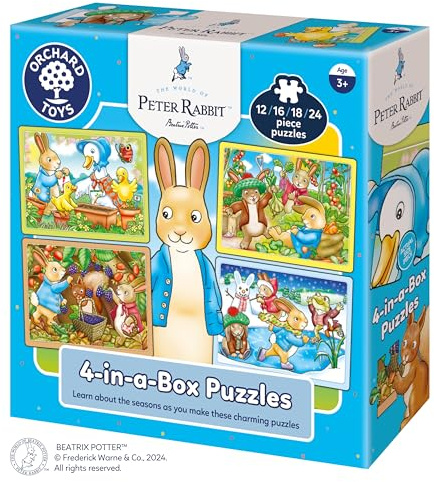 Orchard Toys Peter Rabbit™ 4-in-a-box Puzzles by Orchard Toys, 12, 16, 18 and 24 Pieces Official Beatrix Potter Jigsaw Puzzles, for Children Age 3+, Birthday Gift