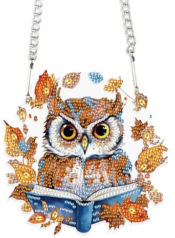 SHEGZHUC Diamond Painting Pendant Suncatcher - Owl Design - DIY Craft Kit for Adults - Includes Pendant, Chain, Gemstone Pen, Bowl, Wax, Diamonds - Not Foldable