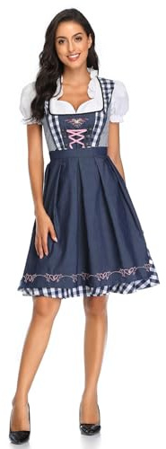 Angenster Dirndl pour Femme - Costume Oktoberfest - Mode Traditionnelle à Carreaux - Robe avec Tablier - Bleu