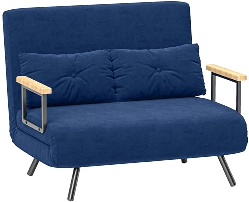 HOMCOM 2-Sitzer Schlafsofa mit 5 Stufen Verstellbarer Rückenlehne, Doppel-Klappsofa mit 2 Kissen für Wohnzimmer, aus gepolstertem Stoff, Stahl und Holz, 102x73x81 cm, Blau