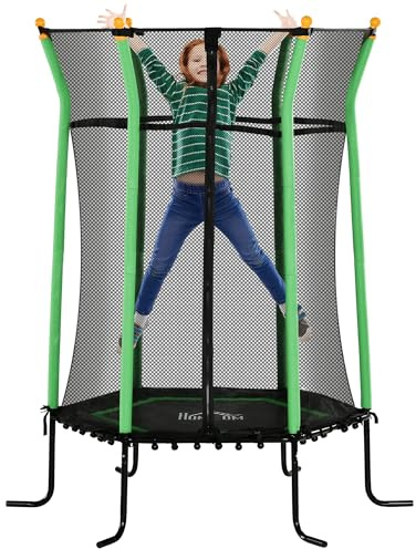 HOMCOM Cama Elástica Infantil de Jardín 122x111x190 cm Trampolín para Niños de +3 Años con Red de Seguridad Marco de Acero y sin Muelles para Interior Exterior Carga 50 kg Verde