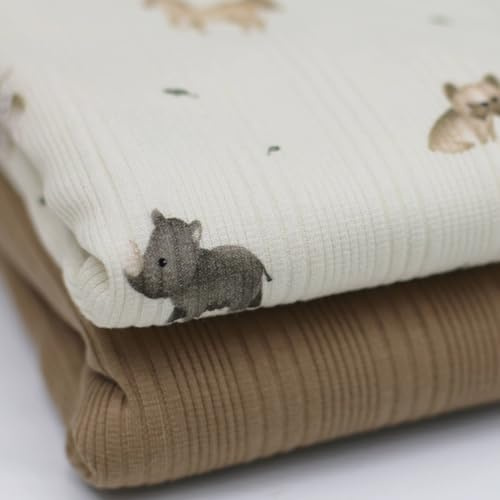 Stoffpaket Jersey-Paket Ribstrick Jersey | Rippenjersey | unregelmäßige Rippen | 3 Designs | Ökotex (Mini Tiere, cacao)