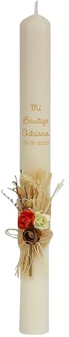 Vela/Cirio de bautizo de CERA BEIG decorada con pick floral rústico para niño/a (RUSTICO)