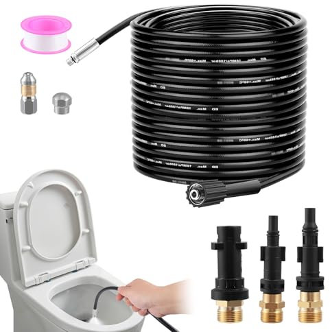 Furet Deboucheur Canalisation Haute Pression 30M,Tuyau Flexible 210 Bar 60°C,Avec Adaptateur,Buse Fixe/Rotative,Rallonge De Tuyau Pour Karcher Nettoyeur Compatible Avec Kärcher K2-K7 (15M)