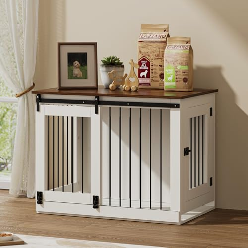 The Fellie Dog Crate Furniture, Wooden Dog Crate with Sliding Door, Medium Pet Kennel Indoor, Wood Dog Cabinet End Side Table, Pet Furniture House for Small/Medium Animal, 95x59x71cm, White & Brown