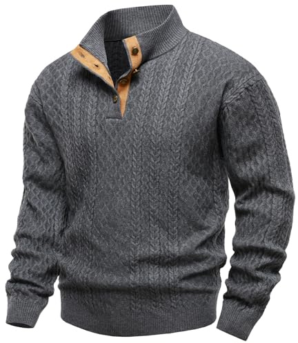 APAELEA Jersey Hombre Invierno Suéter de Cuello Alto de Punto con Placa de Contraste de Botones y Cuello-Semi Alto Pullover de Manga Larga,Gris,L