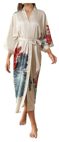 Generisch Camicia da notte da donna, abito da notte, kimono di lusso, in raso, con motivo floreale, a maniche a 3/4, lungo, casual, da notte, Giallo chiaro, Taglia unica