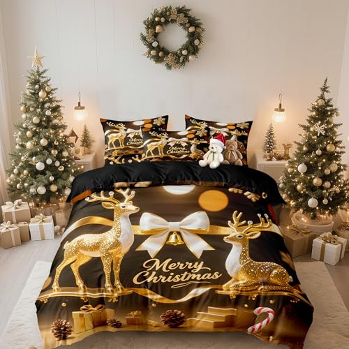 DXHOME Set di Biancheria da Letto di Natale 155x220 Oro Nero Motivo Invernale di Natale per Ragazze e Ragazzi, Idee Regalo per Bambini, Morbida Biancheria da Letto in Microfibra con Cerniera e 2