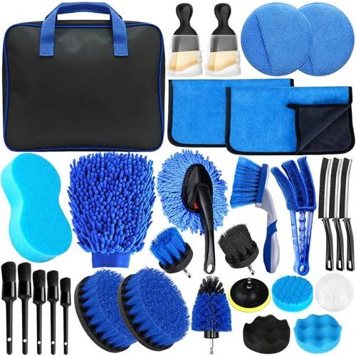 GMUFTIR Kit Pulizia Auto, 31Pezzi Kit Lavaggio Auto, Set di Lavaggio Auto per Interni ed Esterni, Kit Detailing Auto con Spazzole, Spugne per Lucidatura, Pratica Borsa per Il Trasporto Inclusa