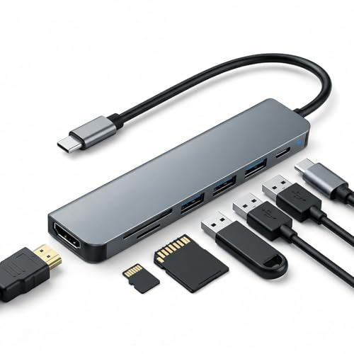 Hub USB C 7 en 1 avec HDMI 4K@30Hz, Adaptateur Multiport avec PD 100W, 3 x USB 3.0 5Gbps, Lecteur de Carte SD/TF, Adaptateur Type-C pour Station d‘Accueil, Multiport Dock pour iPhone 16 MacBook iPad