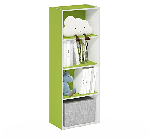 Furinno LUDER Book Shelf, 4-Tier Bookshelf, Bookcase with Open Shelf, 9.3 x 15.6 x 41.7, for Living Room, Bedroom, Home Office, Green/White