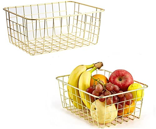 Wire Storage Basket, Organize Living Room Kitchen Bathroom Storage Basket (2 Pieces，gold)