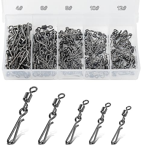 Realure 100 Pcs/5 Sizes Quick Change Fishing Rolling Swivels with Hanging Snaps 4# 6# 8# 10# 12# Sea Fishing Swivels and Clips for Fishing Lure to Line Connectors