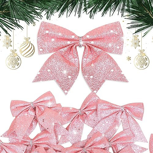 BHGT 24 pcs Small Pink Glitter Bows for Christmas Tree Decoration Christmas Decorative Bows Christmas Tree Bow Christmas Bows Decorative Xmas Decor Wreath Ornament