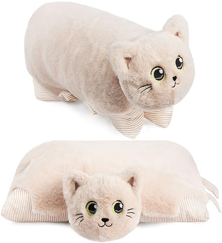 BRUBAKER Cuddly Animal Pillow Cat - 2 in 1 Stuffed Animal and Cuddly Pillow - 15.7 x 11.8 inches (40 x 30 cm) Plush Toy - Foldable Kids Plush Pillow - Decorative Cat Pillow - Beige
