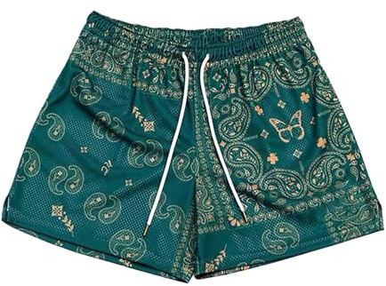 BOOMLEMON Mens Paisley Shorts Mesh Graphic Print Retro Casual Shorts Athletic Gym Basketball Running Short Pants(Green M)