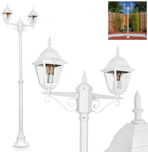Außenwegeleuchte Hongkong, Wegeleuchte aus Metall/Glas in Weiß/Klar, Kandelaber in antikem Look, Höhe max. 220 cm, Gartenbeleuchtung IP44, 2 x E27, ohne Leuchtmittel