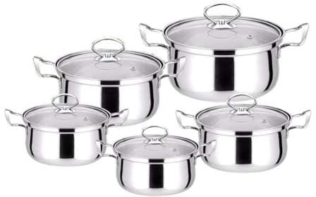 Uposao 10Pcs Batterie de Cuisine en Acier Inoxydable, Casseroles/Faitouts avec Couvercle en Verre pour Tous Feux Dont Induction
