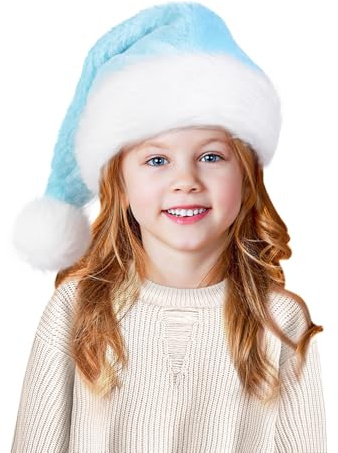 Tokforty Santa Hats, Light Blue and White Santa Hats for Kids, Unisex Velvet Touch Comfort Christmas Hats for New Year Festive Party Christmas Supplies