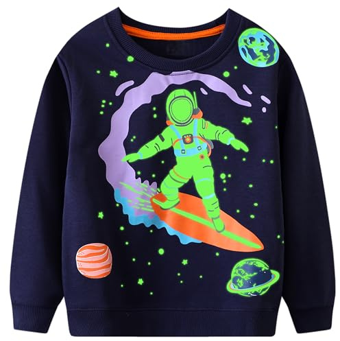 FILOWA Sweatshirt pojkar barn bomull lyser i mörkret dinosaurie tröja marinblå rund hals jumper astronaut skalle mönster pullover varm långärmad topp utomhus höst vinter för barn 2-7 år