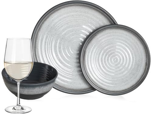 Vaisselle de camping en mélamine pour 4 personnes Gris pierre + 4 verres à vin blancs Timo Vaisselle de table pique-nique BBQ Batterie de cuisine