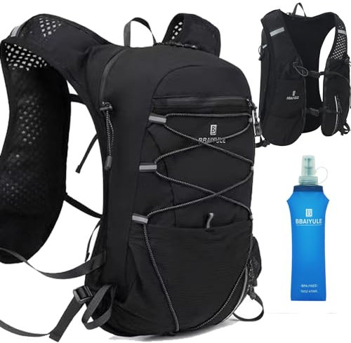 Laufrucksack Trinkrucksack Trail Rucksack Trinkweste, Hydration Pack Fahrradrucksack für Laufen, Camping, Wandern, Marathoner mit 500ML Softflasks Wasserflasche (Schwarz mit 500ml Flasche)
