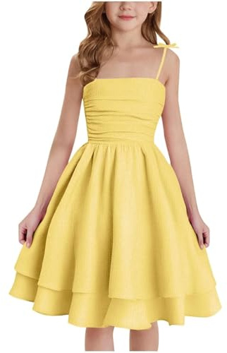 Kids Girl's Summer Dresses Slip Spaghetti Straps Swing Pleated Adjustable Cute Fashion Teenager Girls CCami Dress Age 7-12 Years Comfy Casual Formal Party Birthday Vacation (a-Yellow, 9 Years)