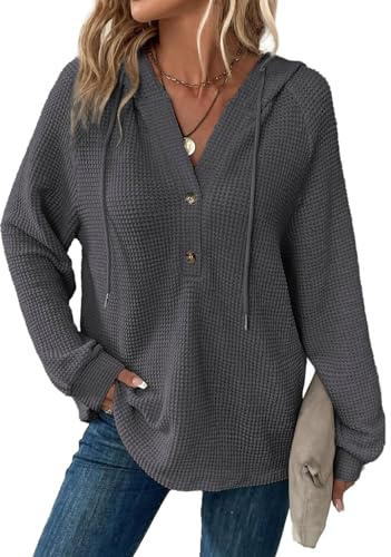 Cuptacc Huvtröja för damer, med våffelstruktur, ledig hoodie med knappslå, v-ringad sweatshirt med dragsko. långärmad damtröja med huva
