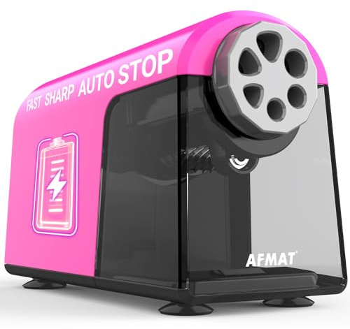 AFMAT Taille-crayon électrique automatique avec récipient, 6 trous, taille rapide de 6 à 11 mm, grande capacité, sans danger pour les enfants, les enseignants Musthaves, rose