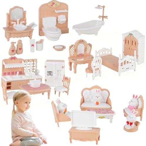 KBIBCK 36PCS Dollhouse Furniture Set, 1:12 Scale Pretend Play Furniture Toys, Dollhouse Accessories Including Kitchen, Dining Room, Living Bedroom, Bathroom with Bunny for Kids Birthday Christmas
