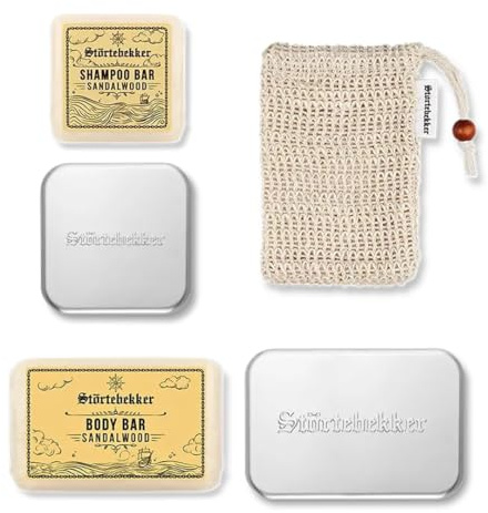 Störtebekker Kit de douche haut de gamme Hair & Body | 2 shampoings solides & 2 gels douche solides au bois de santal pour homme et femme | avec boîte à savon et sac en sisal | végétalien et fait main