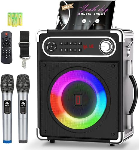 Karaoke-Maschine mit 2 kabellosen Mikrofonen, tragbarer Bluetooth 5.3-Lautsprecher mit LED-Leuchten, Bass-/Höheneinstellung, PA-System mit Fernbedienung, unterstützt FM/AUX/USB/TF für Partys