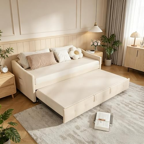 PerGar Canapé-lit 90/180 x 200 cm, extensible, avec sommier à lattes en bois, canapé-lit avec tiroir de lit, lit gigogne, lit simple/double, lit multifonction, en flanelle, sans matelas (crème)