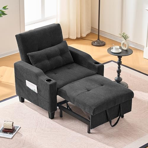 YUUIJOAA 3 in 1 Convertible Sleeper Chair, Corduroy Single Sleeper Sofa Bed, Pull Out Sofa Bed Chair with Adjustable Backrest & Side Pockets for Living Room, Black