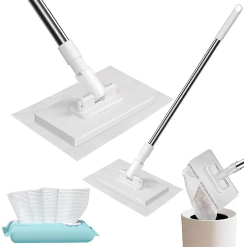 2025 Neu Wischmopp mit Druck-klemm-System, Automatisches Klemmtuch mit 1 Packungen weiche Taschentücher in Baumwolloptik (16 Blatt ), zerlegbarem Wischmopp für praktische Reinigung