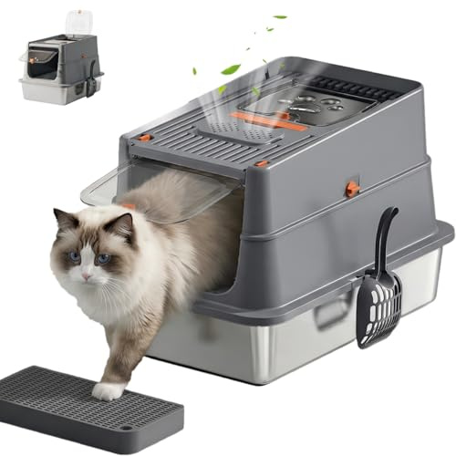 Kattsandbricka i rostfritt stål med lock, extra stor innesluten kattlåda, 120° flip-topp, 3-i-1 och dubbel ingång, non-stick med aktiverad kollåda, inkluderar skopa och stegmatta för alla katter