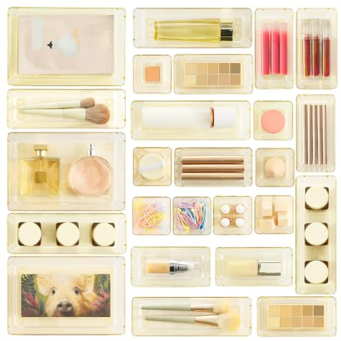 Vtopmart 25 PCS Clear Plastic Drawer Organizers Set, 4-Size Versatile Bathroom and Vanity Drawer Organizer Trays, Storage Bins for Makeup, Bedroom, Kitchen Gadgets Utensils and Office