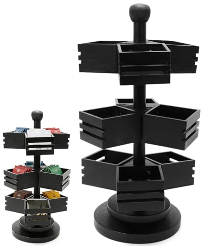 Umllpet Bambus Teebeutel Organizer, 3 Etagen 360° Drehbar Teebox mit 9 Fächern, Stehend Teeregal für Schrank, Arbeitsplatte und Büro, Schwarz