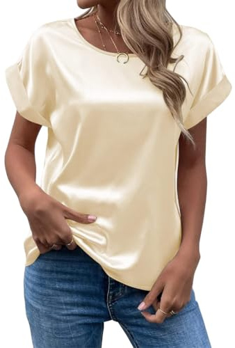 seiveini T-Shirt Femme Manches Courtes Chemise Satin Chic et Élégant Haut Blouse Tunique Col Rond Couleur Unie Tee ShirtA AbricotXL