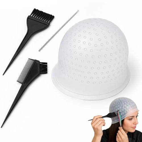 Gorro de Tinte Highlight,Gorro Mechas con Agujeros Hechos, Gorro Mechas Silicona Profesional con Crochet y Cepillo,Reutilizable,Herramienta para Estilizar el Cabello para Mechas y Peinados