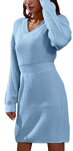Dam Med Polokrage Stickad Tröja V-ringad Axelrem Långärmad Midjeband Ullklänning Klänning Vinter(Blue,M)