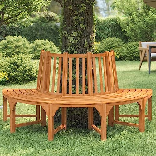 Holekex Halvrund trädbänk av massivt eukalyptusträ, Ø 208 cm med ryggstöd för trädgård, terrass, balkong, väderbeständig utomhusmöbel för park, veranda, bekväm sittplats under träd