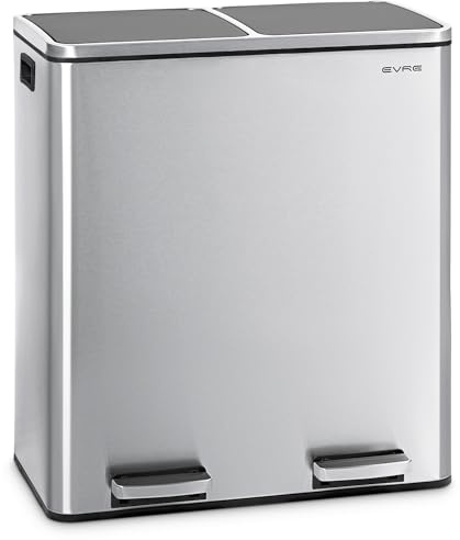 EVRE 60L Kitchen Waste Rubbish Recycling Soft Close Bin 2 x 30L Double Compartment Separation with Removable Plastic Buckets, Odour Seal, Smudge & Fingerprint Resistant (Silver)