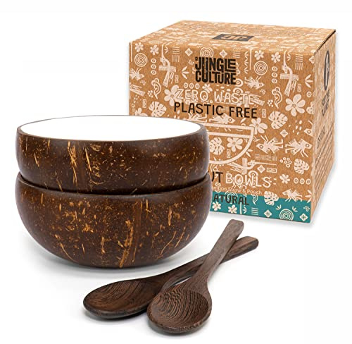 Jungle Culture 2 Polished Coconut Bowls & Wooden Spoons Set • Natural Coconut & Bamboo Straws • Smoothie & Acai Bowls • Eco Friendly Vegan Gifts
