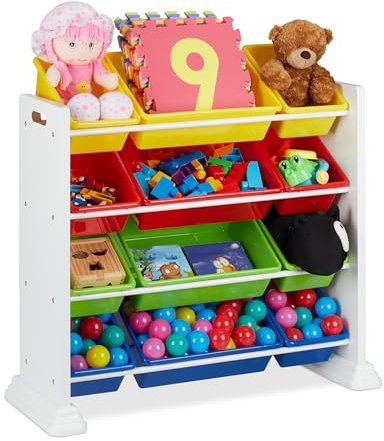Relaxdays Kinderregal weiß, mit 12 Aufbewahrungsboxen, Spielzeugregal für Jungen & Mädchen, HBT 90 x 88,5 x 37 cm, bunt