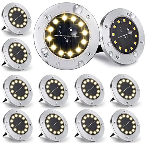 Nurkoo [12 Stücke] Solar Bodenleuchte Aussen, 12 LEDs Solarleuchten 800mAh Disk Lights Mit Upgrade Solarpanel Gartenleuchte Solarlampe Solar Strahler Deko für Rasen,Gehweg,Pool,Terrassen(WarmWeiß)