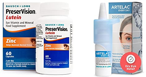PreserVision Lutein and Artelac Every Day Bundle, Eye Vitamin Food Supplement, Lutein, Zinc, Copper, Vitamin C & E and Eye Drops for Dry Eyes, Relieves Symptoms of Tired, Stressed & Teary Eyes