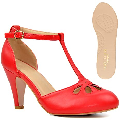 Chase & Chloe New Kimmy-36 Women's Teardrop Cut Out T-Strap Mid Heel Dress Pumps, Red Pu Comfort, 4.5 UK